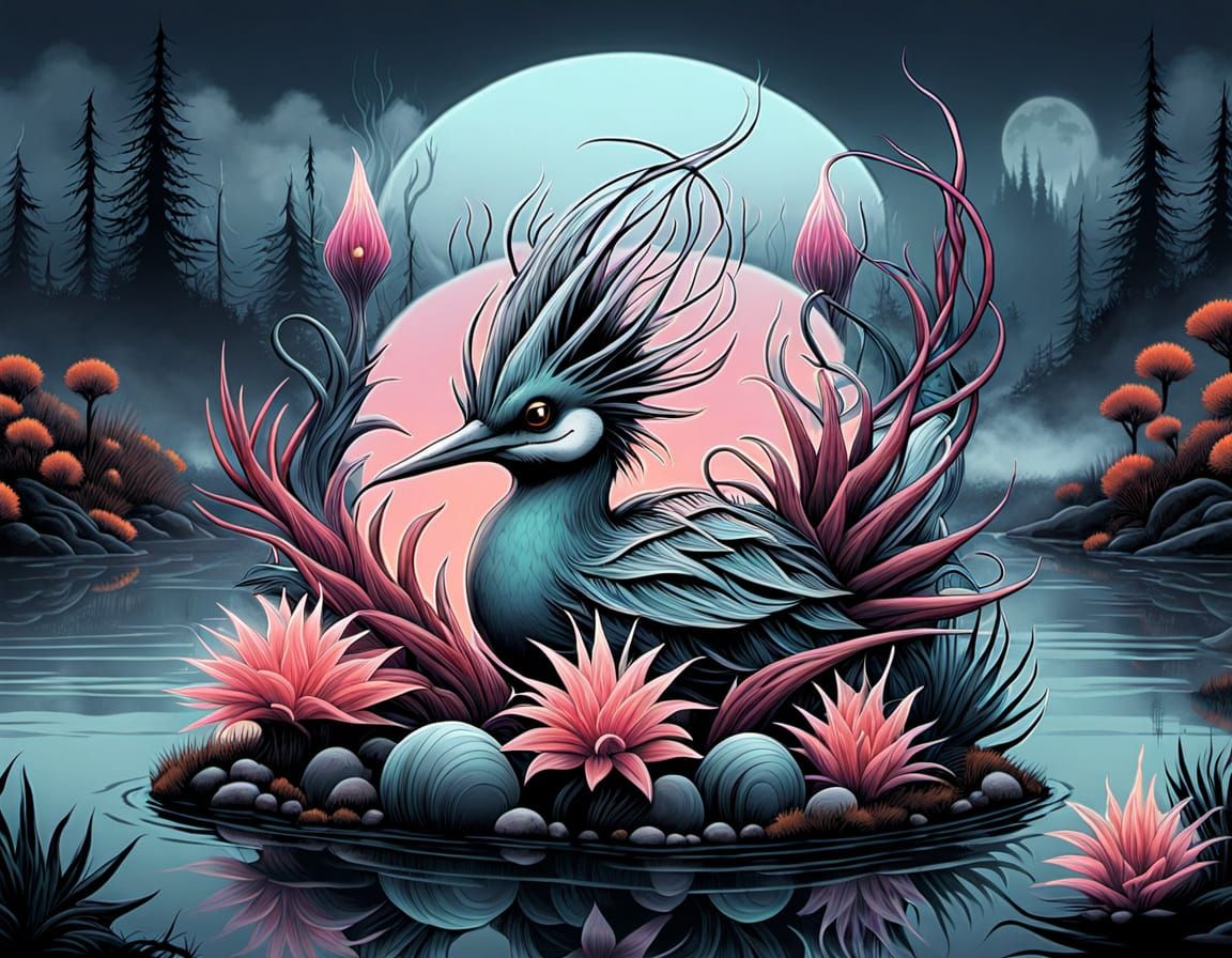 H-Ish FaunalFlora in Neon Liquid Fire Outline by a Lake