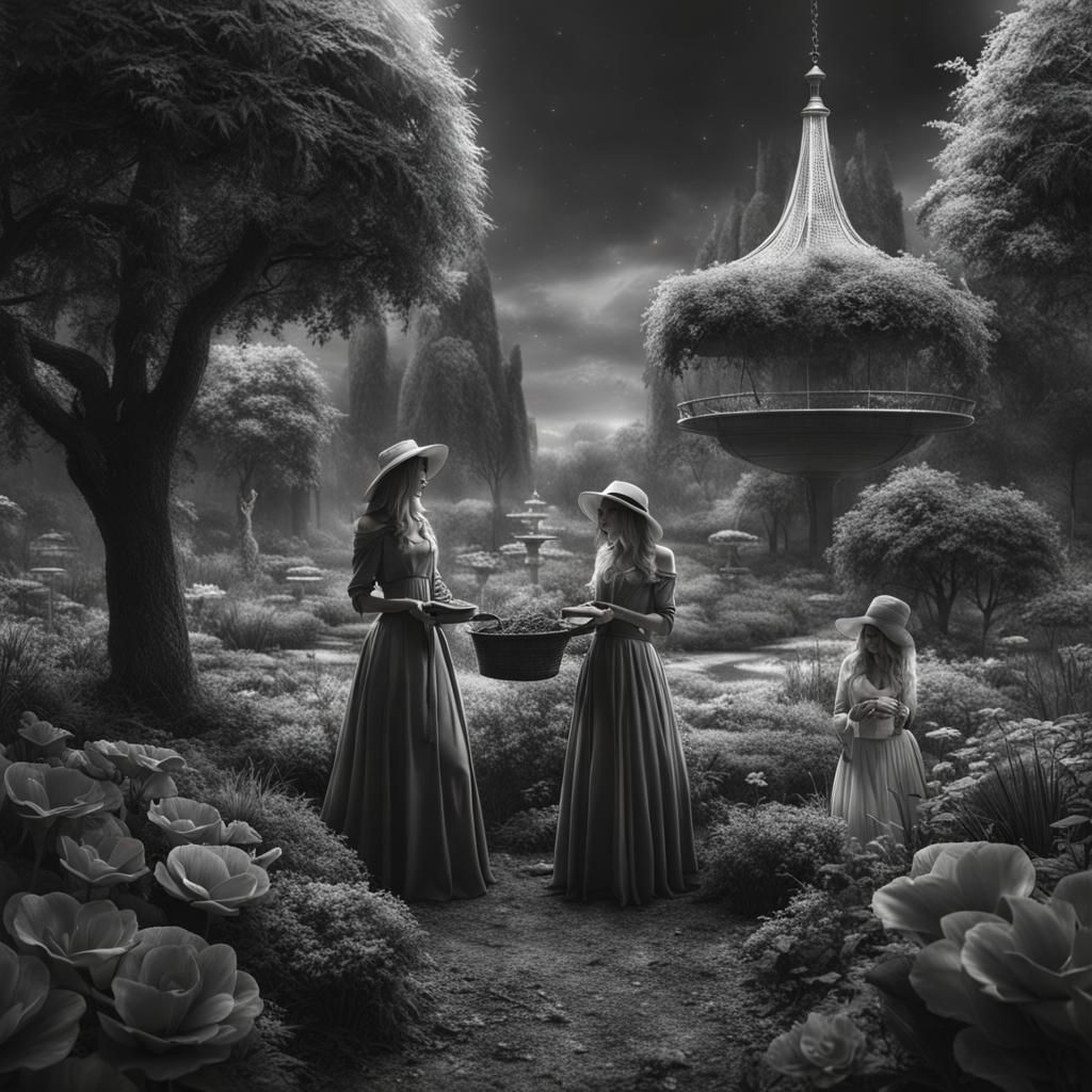 Lesbians Gardening in Magical Greyscale Garden