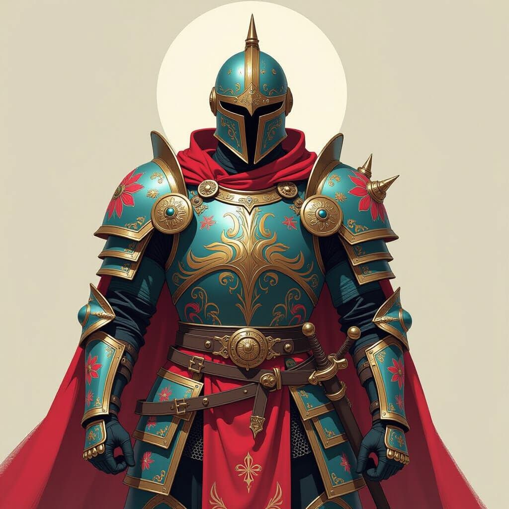 Valiant Holy Warrior in Vibrant Armor, Mystical Realism