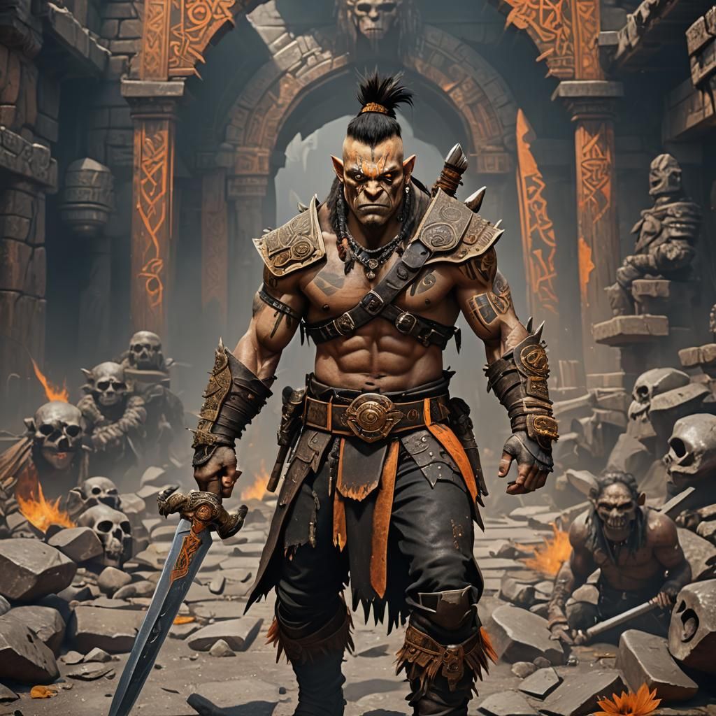 Half-Orc Barbarian with Aztec Sword, Fantasy Art