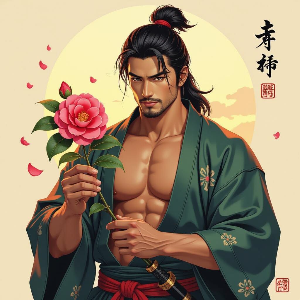 Muscled Samurai with Glass Camellia, Ukiyo-e Style