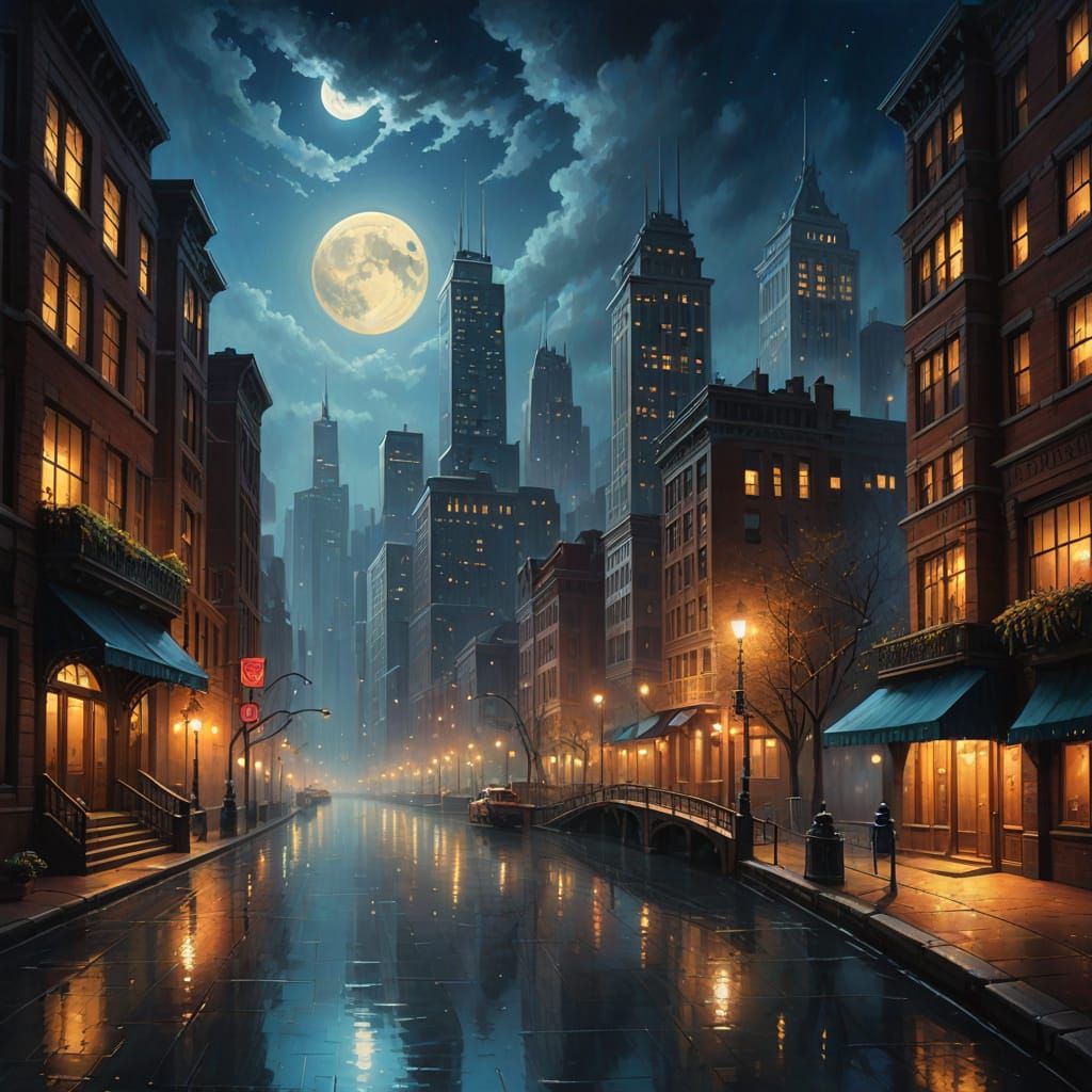 Moonlit Chicago Cityscape in Dreamy Oil Painting
