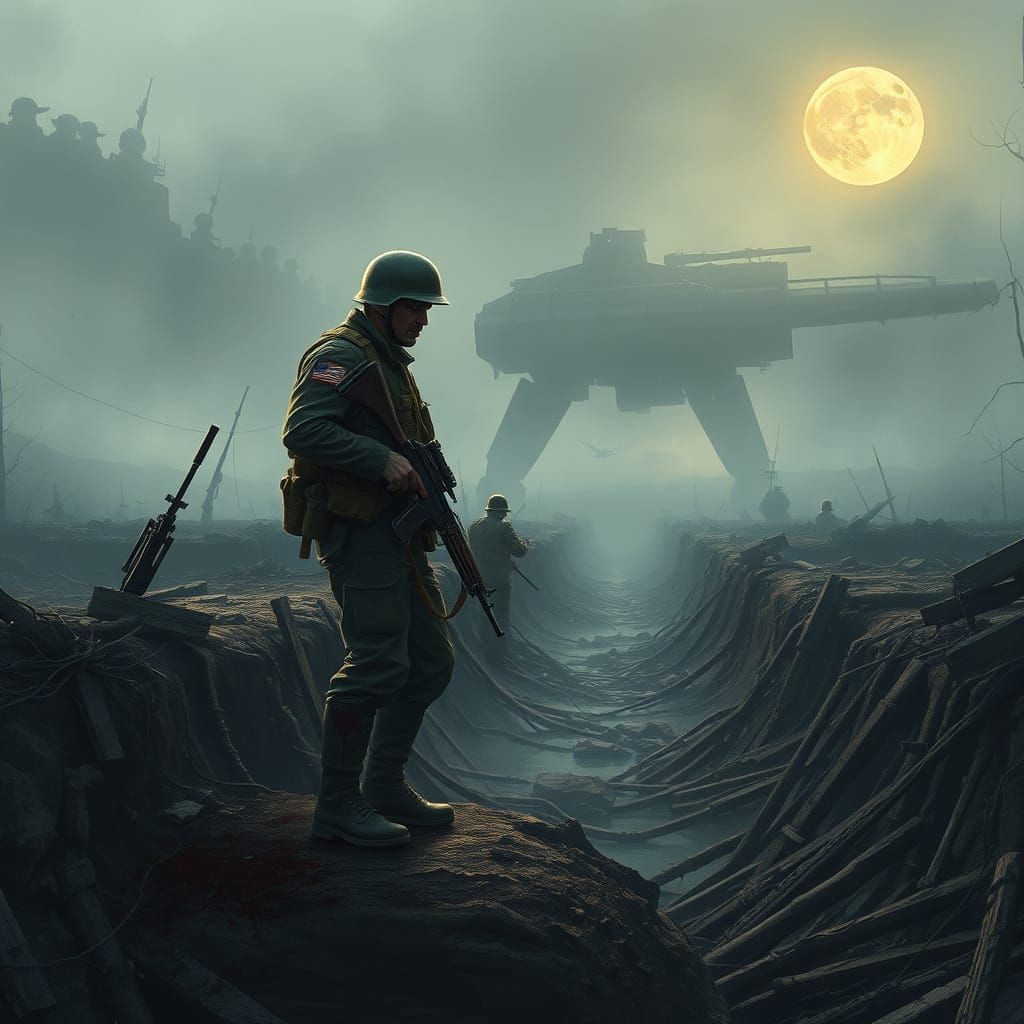 War-Torn Soldier Stands at the Edge of Chaos