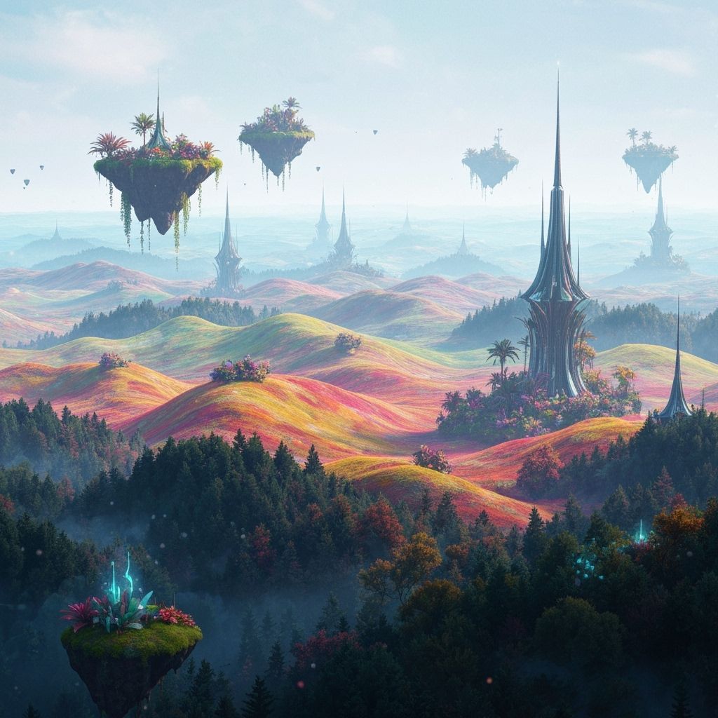 Dreamlike Landscape of Mageland Eternia in Retrofuture Style