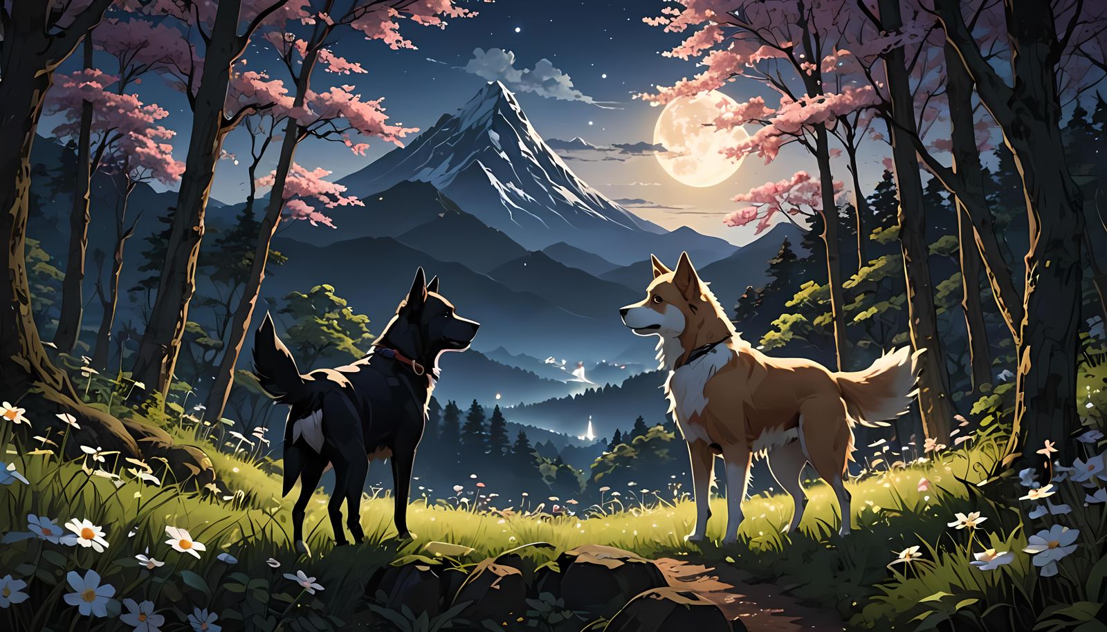 Dog's Peaceful Walk Through Dark Forest in Anime Style