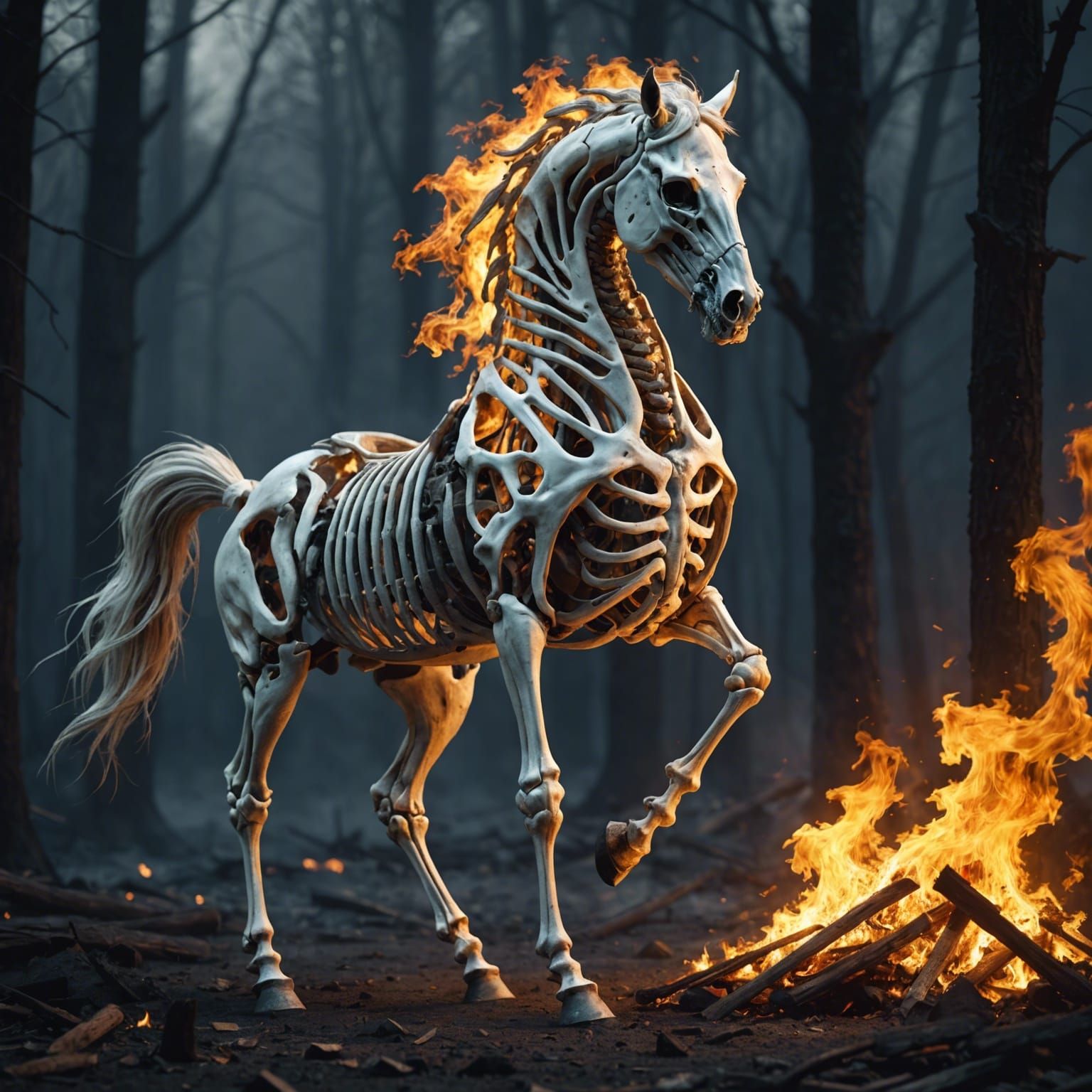 Horse Skeleton Emerging From Fire: Digital Art