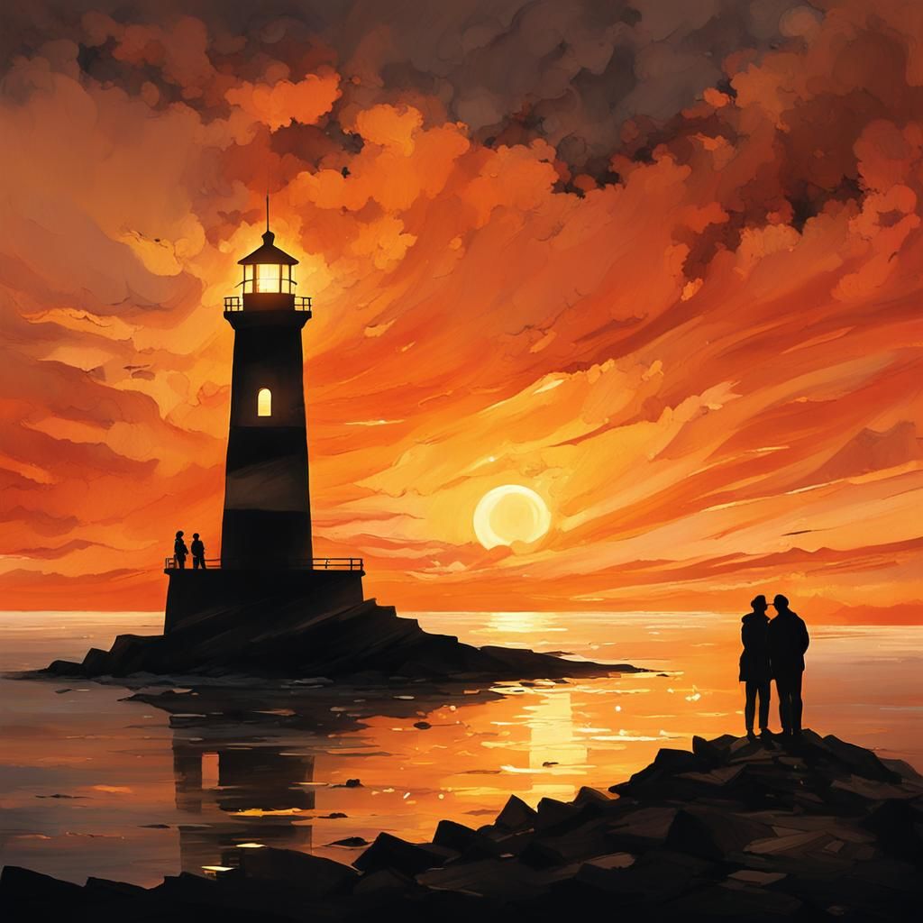 Couple on Lighthouse at Sunset in Romanticism Style