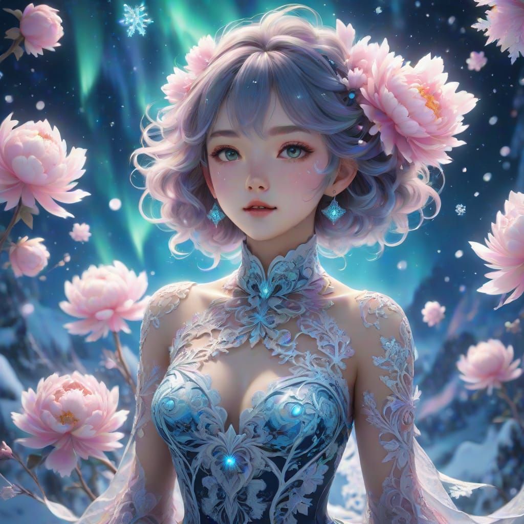 Surreal Fantasy Model Under Northern Lights