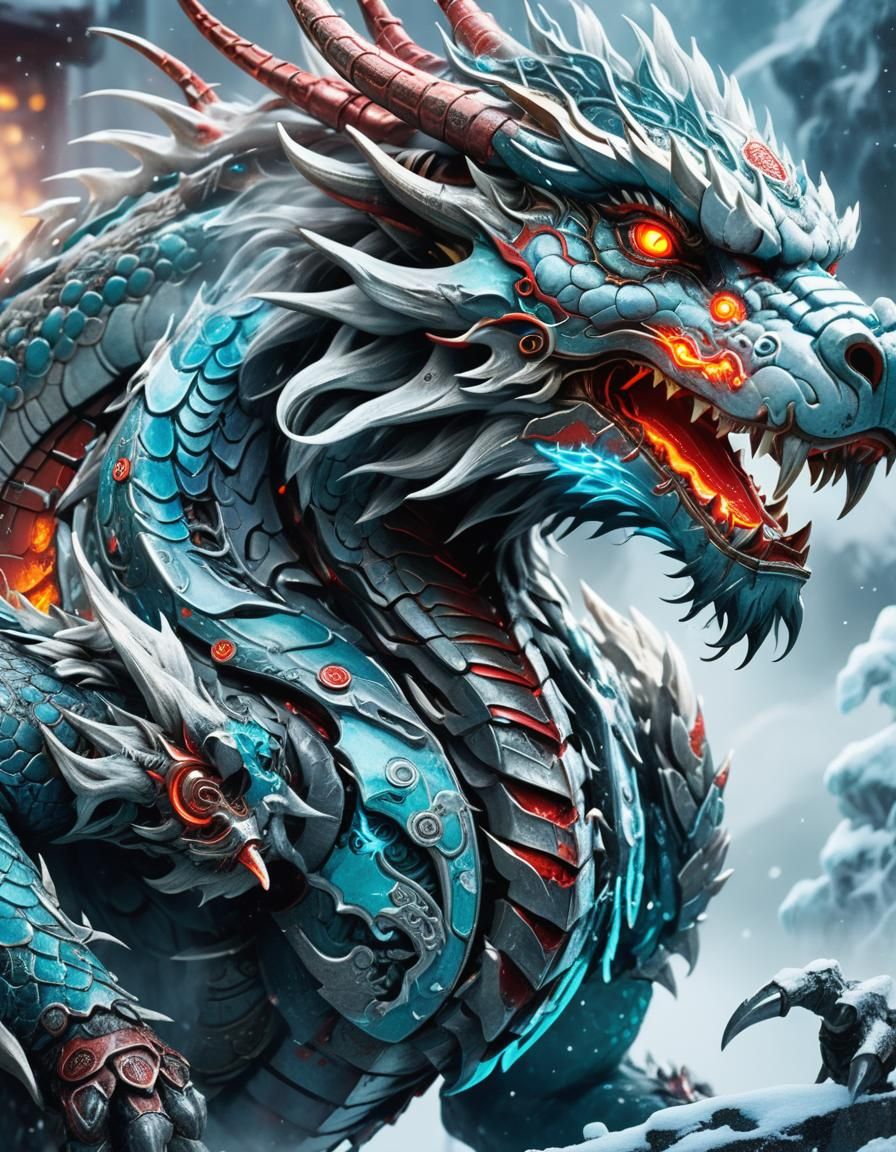 Mecha Chinese Dragon in Icy Landscape