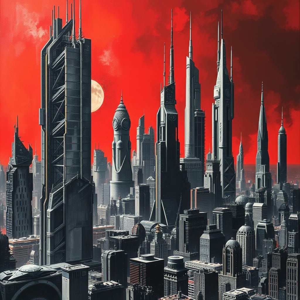 Futuristic Cityscape in Black and White with Fiery Red Backg...