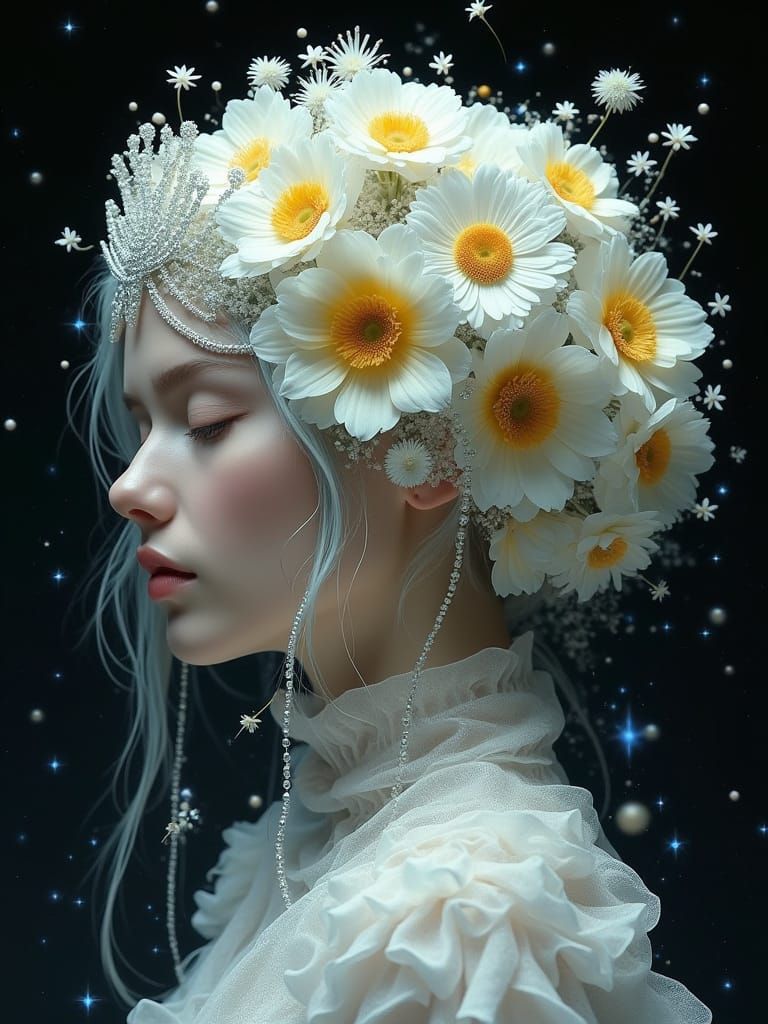 Enchanting Woman Amidst Blooming Flowers in Cyberpunk Style