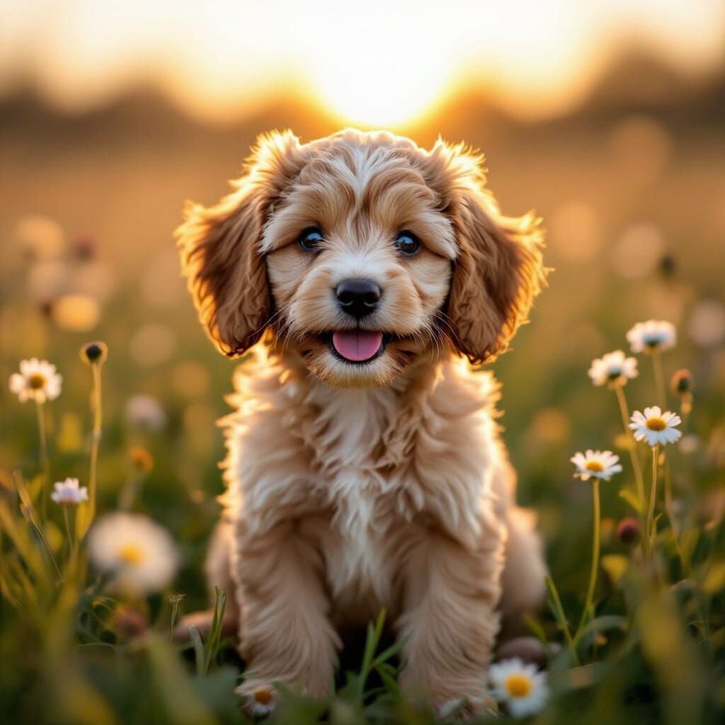 Happy Cockapoo Puppy in Wildflower Field at Golden Hour