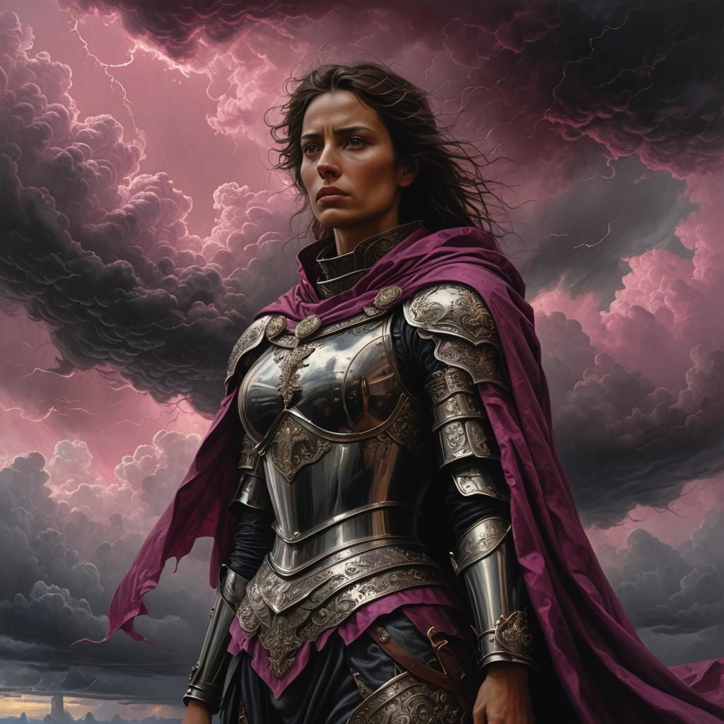 Beksiński-Inspired Woman in Armor with Turbulent Sky