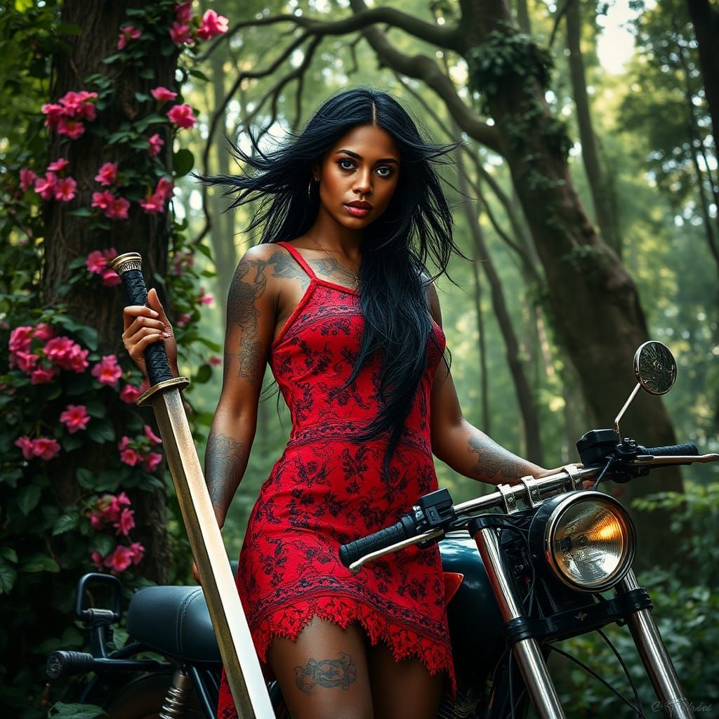 Jamaican Warrior in Forest with Motorcycle