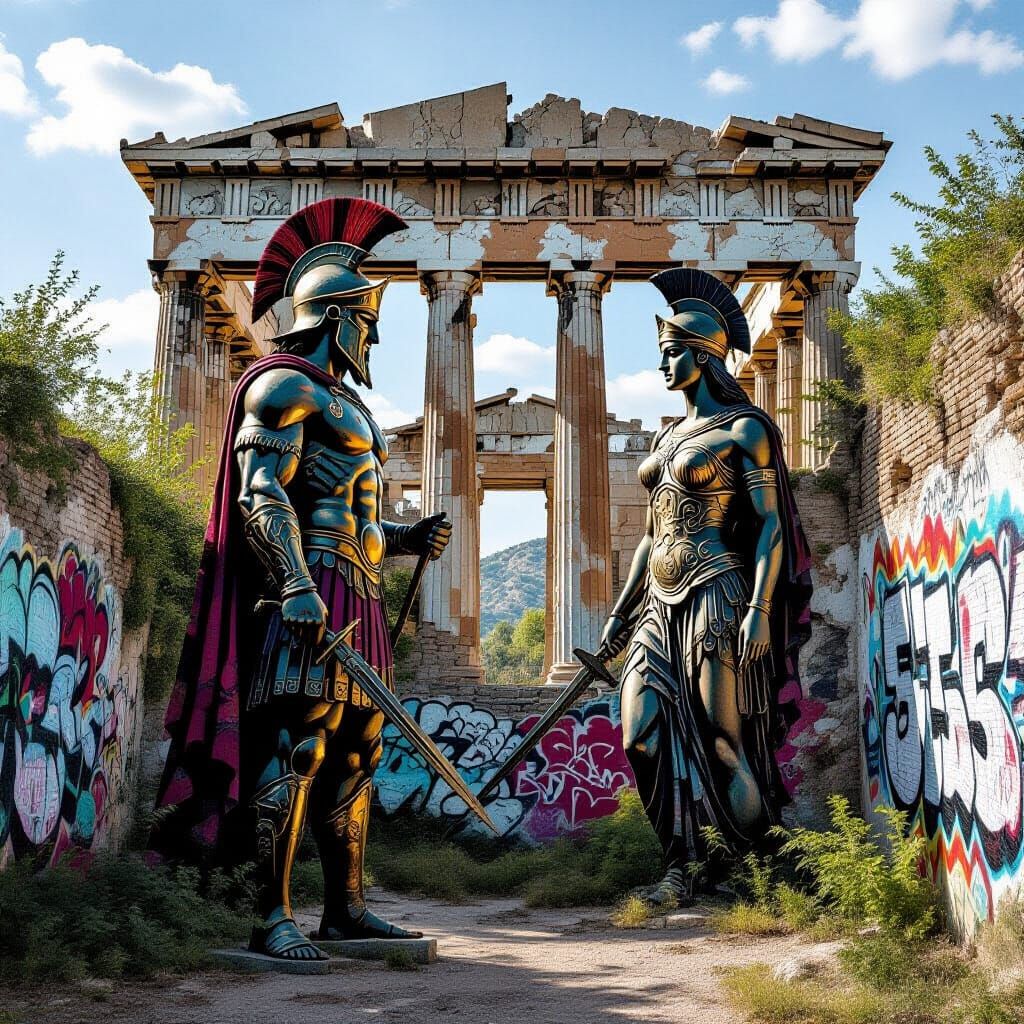 Ares and Athena Before Ancient Ruins, Street Art Style