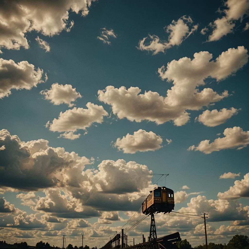 Train Soaring Through Sky: Cinematic Film Still