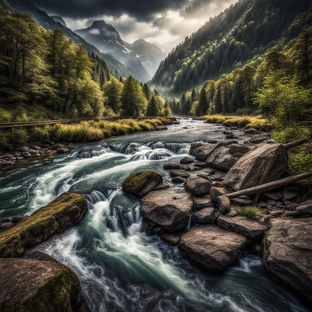 Hyperrealistic River Valley with Waterfall and Rapids