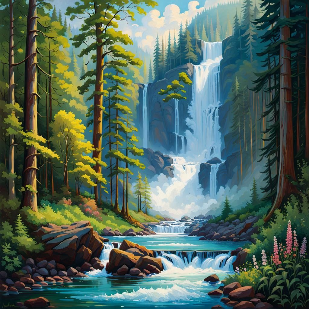 Waterfall in Lush Forest: Matte Painting Style