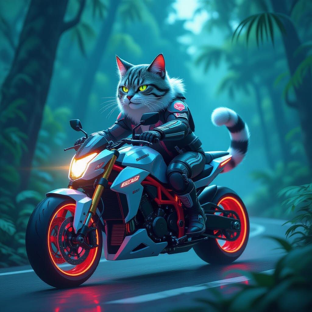 Saber-Toothed Cat Rides Motorcycle in Anime Style