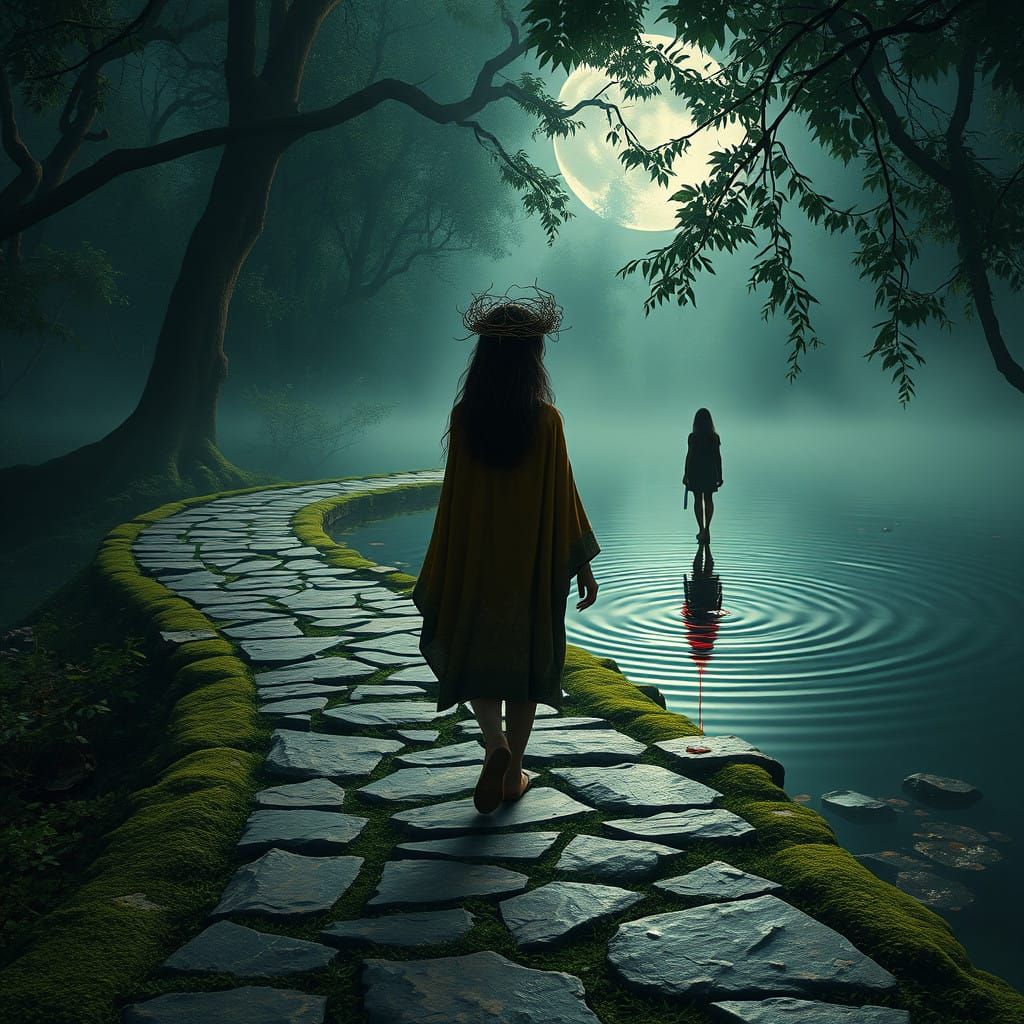 Enigmatic Girl Walks into Haunting Jungle Reflection