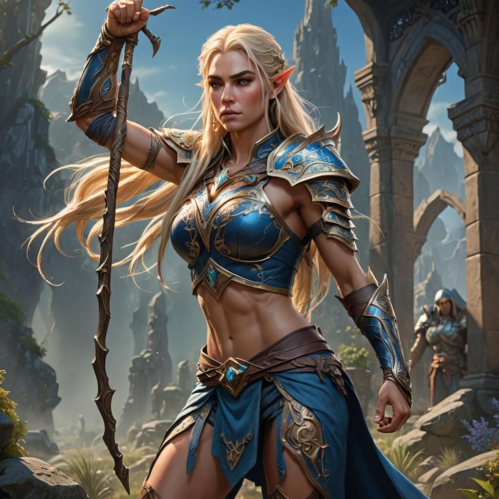 Elven Warrior Flexing Bicep in High-Fantasy Art