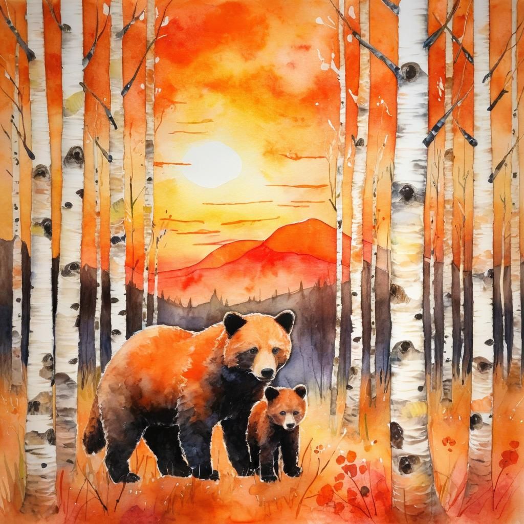 Bear and Cub at Sunset in Watercolor Style