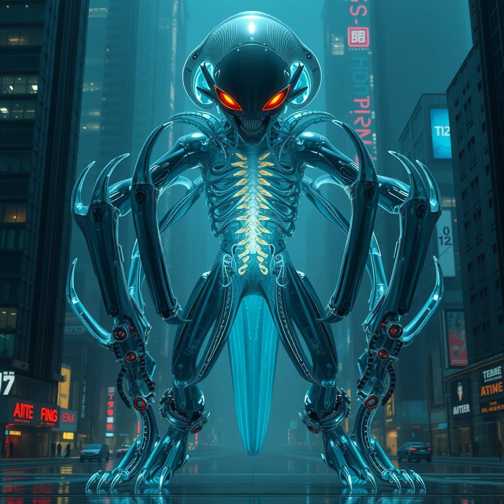 Glowing Alien Monstrosity Dominates Futuristic Cityscape