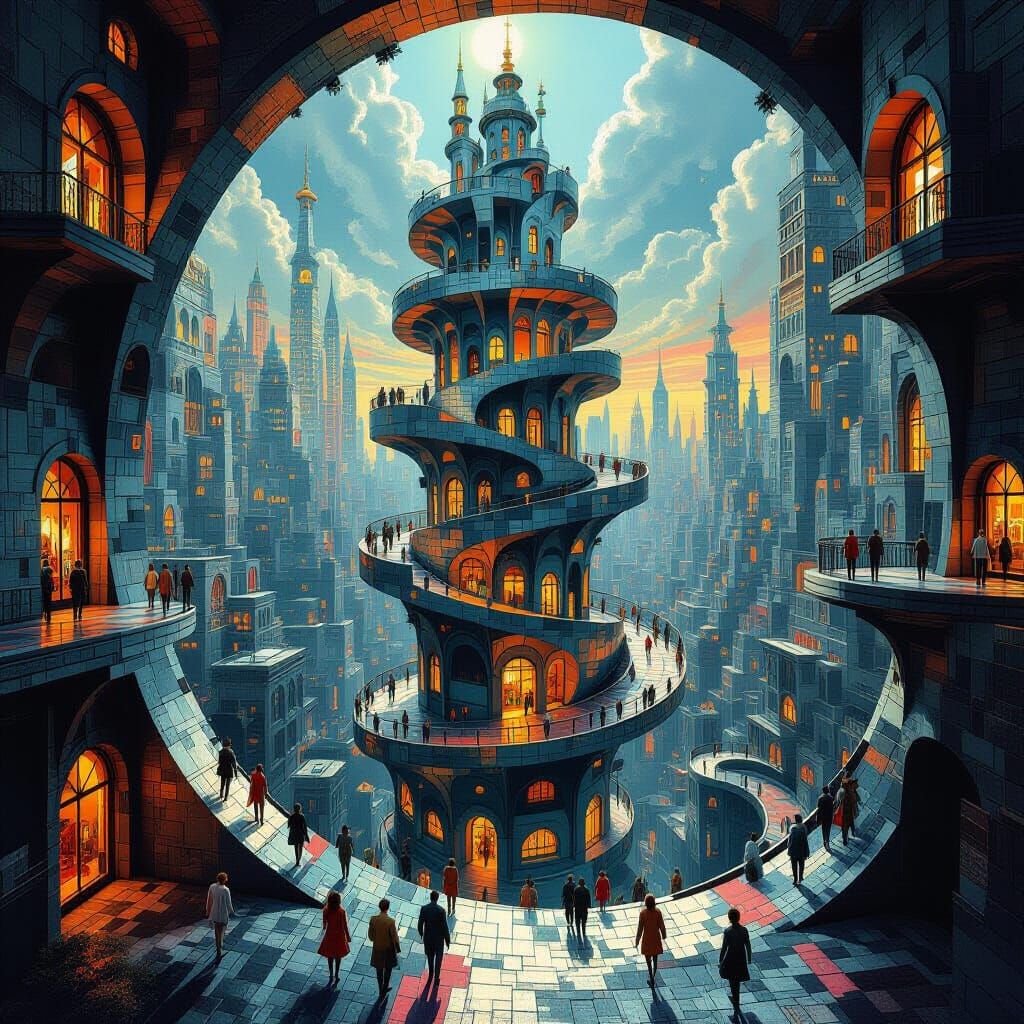 M.C. Escher..Spiral Shelf Futuristic paradoxical art magic r...