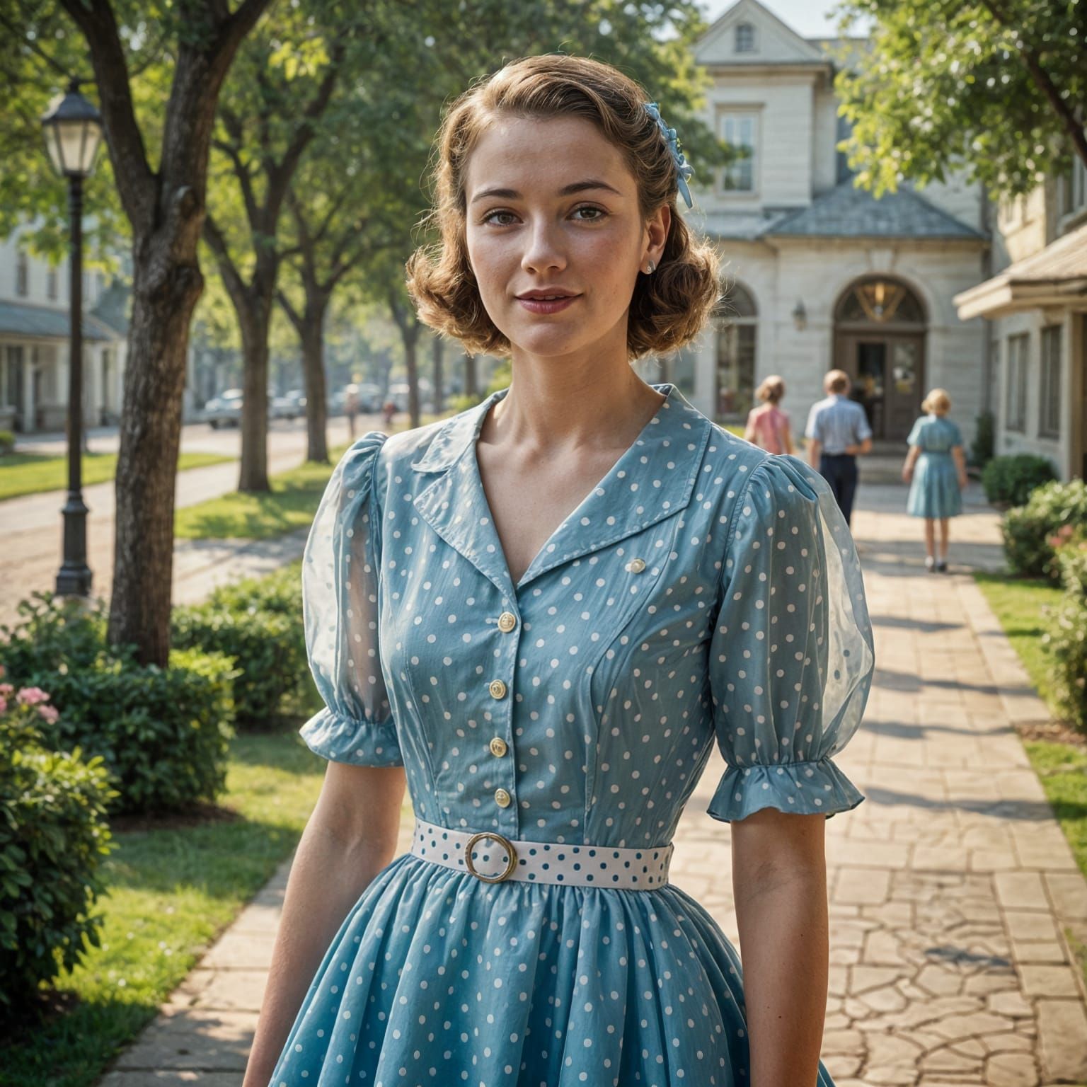 1950s Woman in Blue Dress: Photorealistic Impression