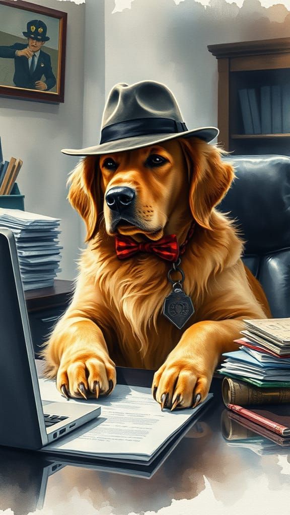 Noir Watercolour: Golden Retriever Detective