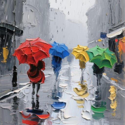 Impasto Painting of a Rainy Urban Street with Colorful Umbre...