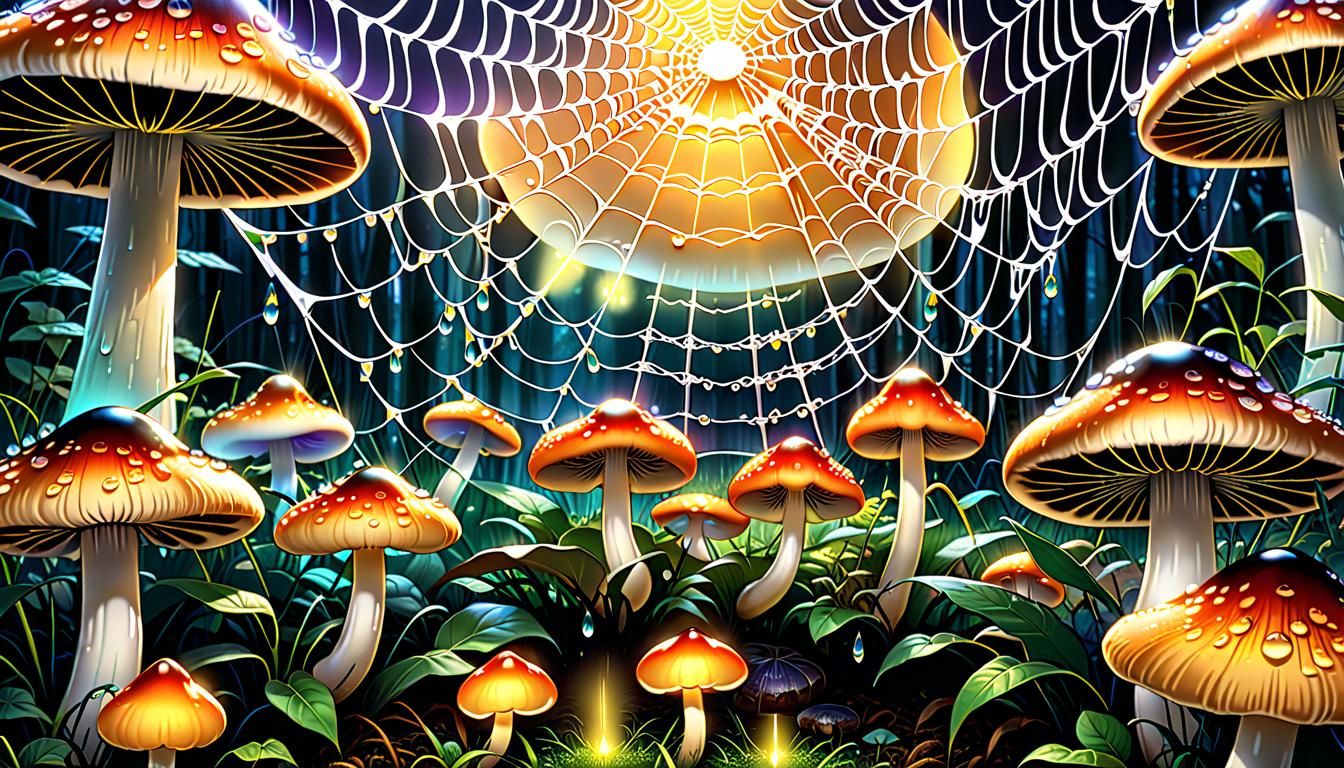 Spiderweb Among Glowing Mushrooms in Manga Style