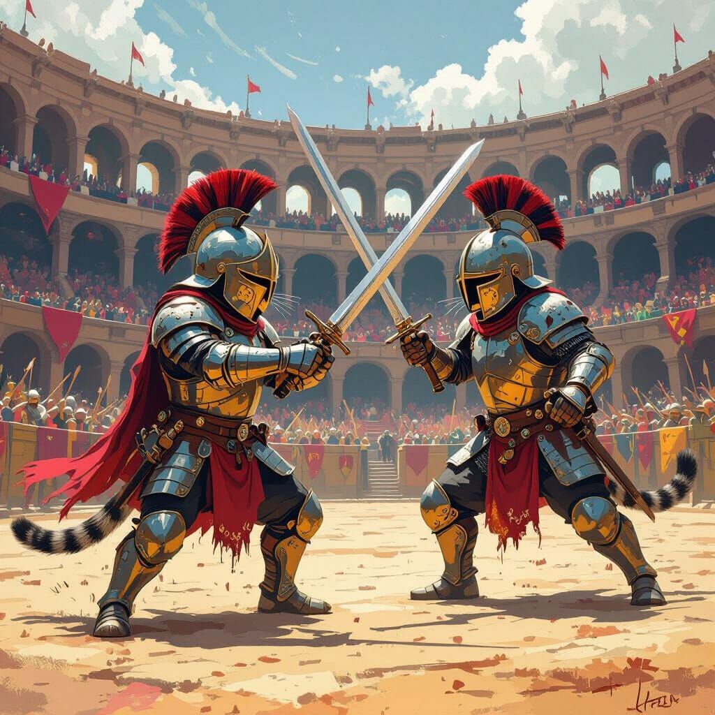 Armored Gladiator Cats Fight in Coliseum, Digital Painting