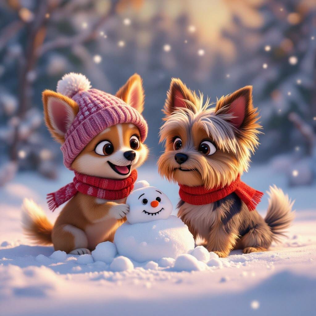 Chihuahuas and Yorkie Build Snowdog in Winter Wonderland