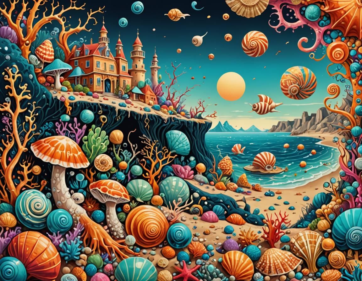 Surreal Shore Landscape with Exotic Sea Creatures