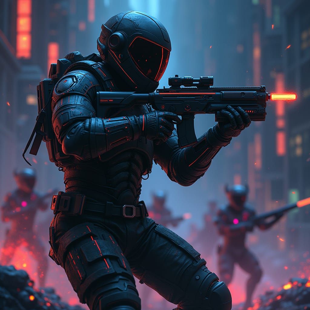 Futuristic Game Soldier Battling Devils in Neon Landscape