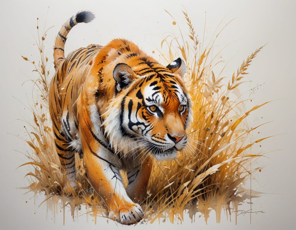 Bengal Tiger Stalking in Golden Grass at Sunset