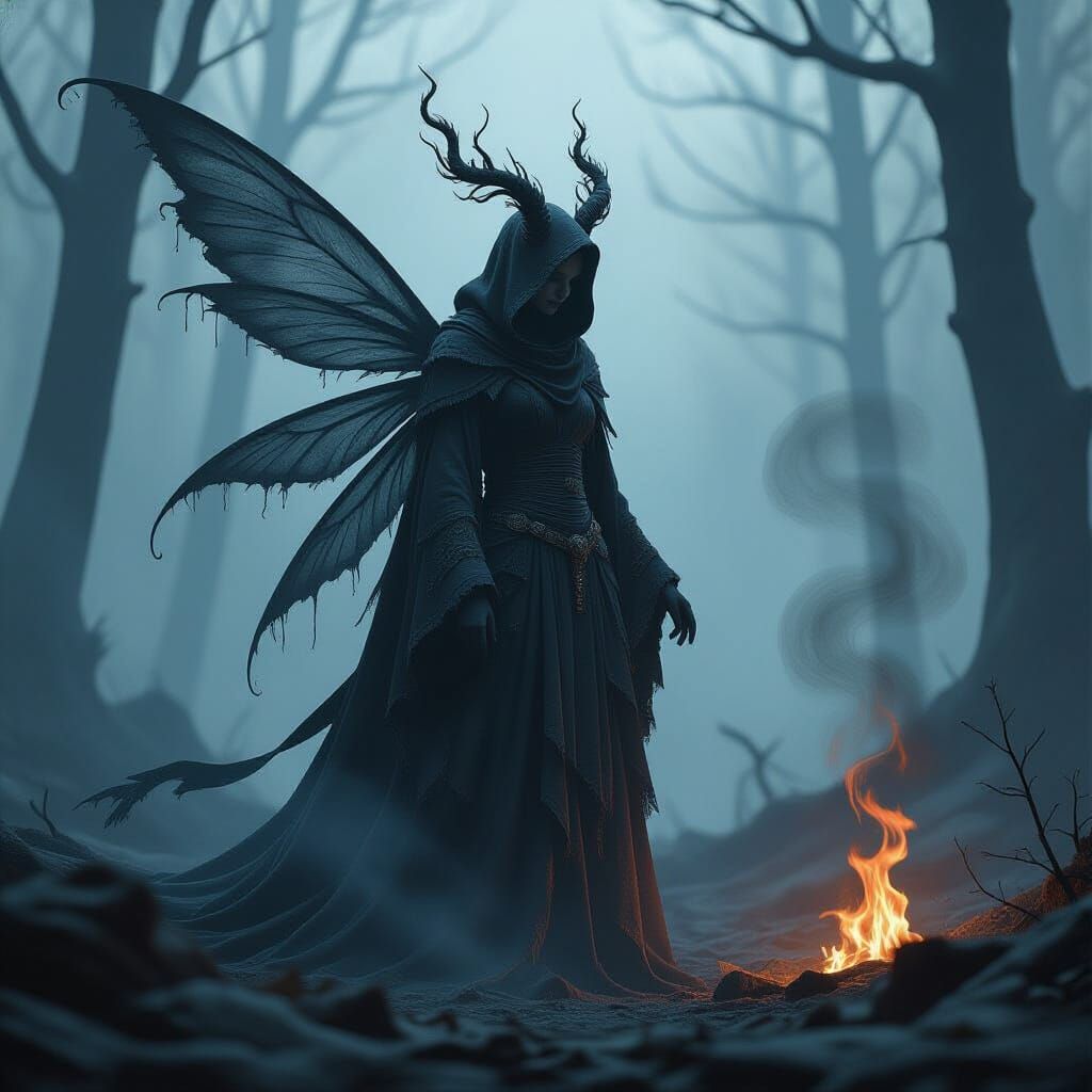 Ash Fairy in Charred Forest, Cyberpunk Art