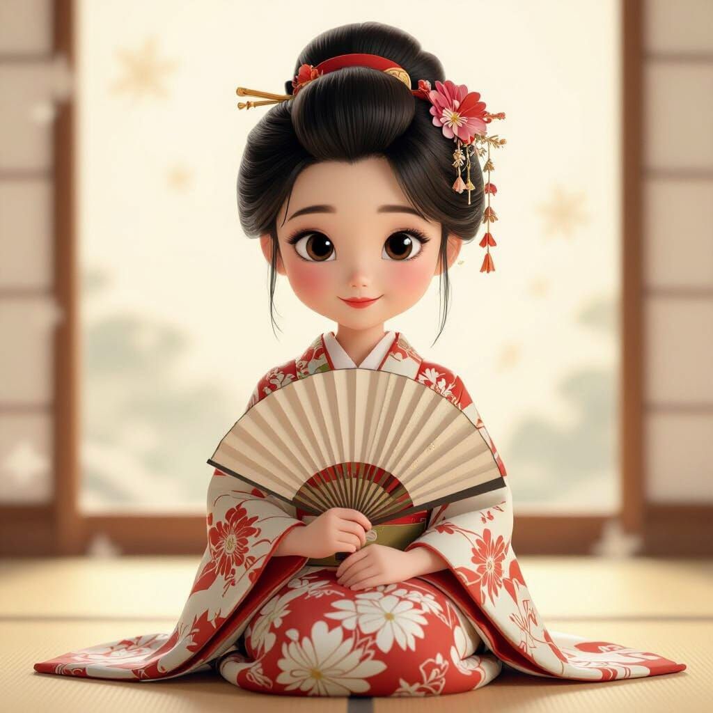 Young Girl in Japanese Clothing: Pixar-Inspired Portrait