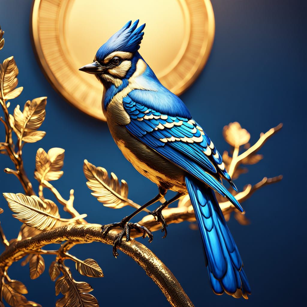 Golden Blue Jay Sculpture on Branch