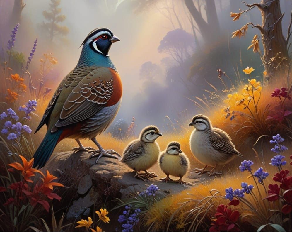 California Quail Family in a Dreamy Misty Landscape