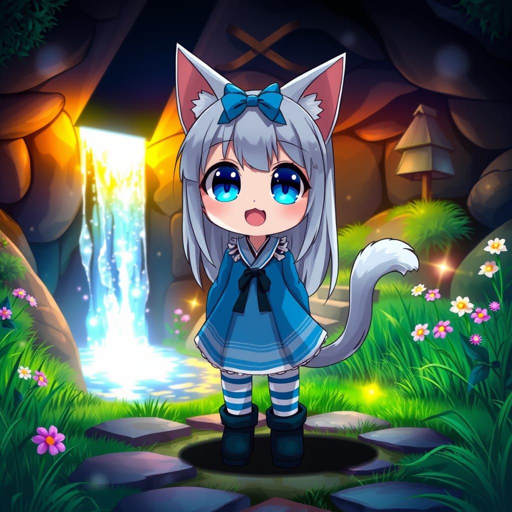 Mystical Anime Catgirl in Zen Garden Oasis