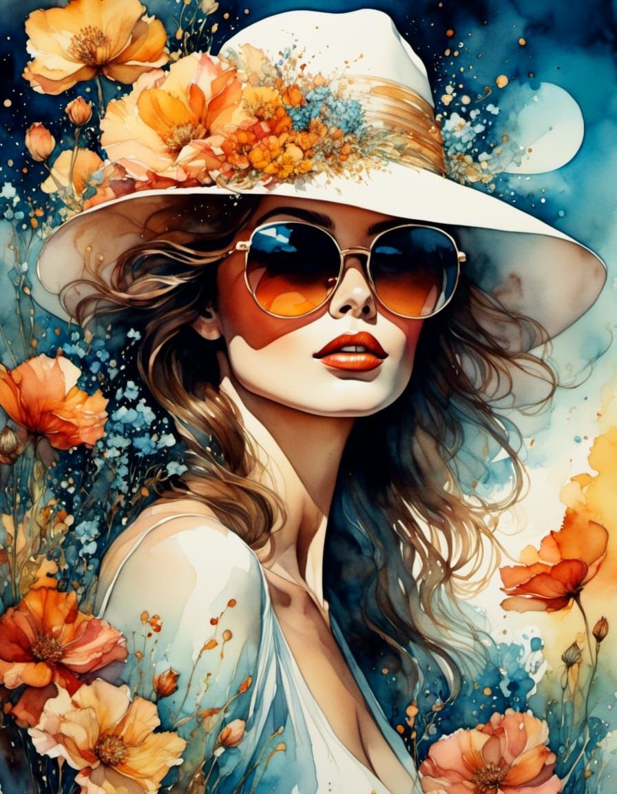 Watercolor Portrait of Woman with Sunglasses and Hat