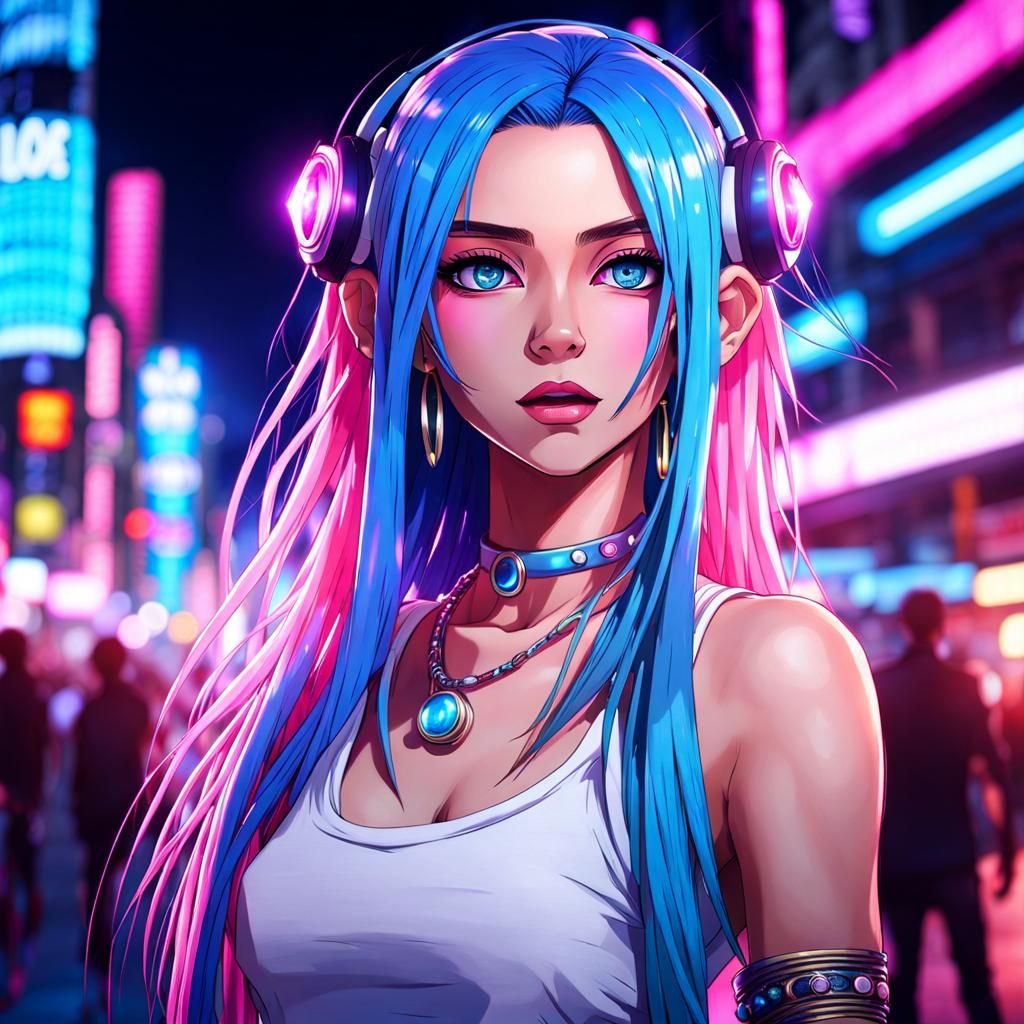 Anime Portrait of Raver Woman with Blue Hair