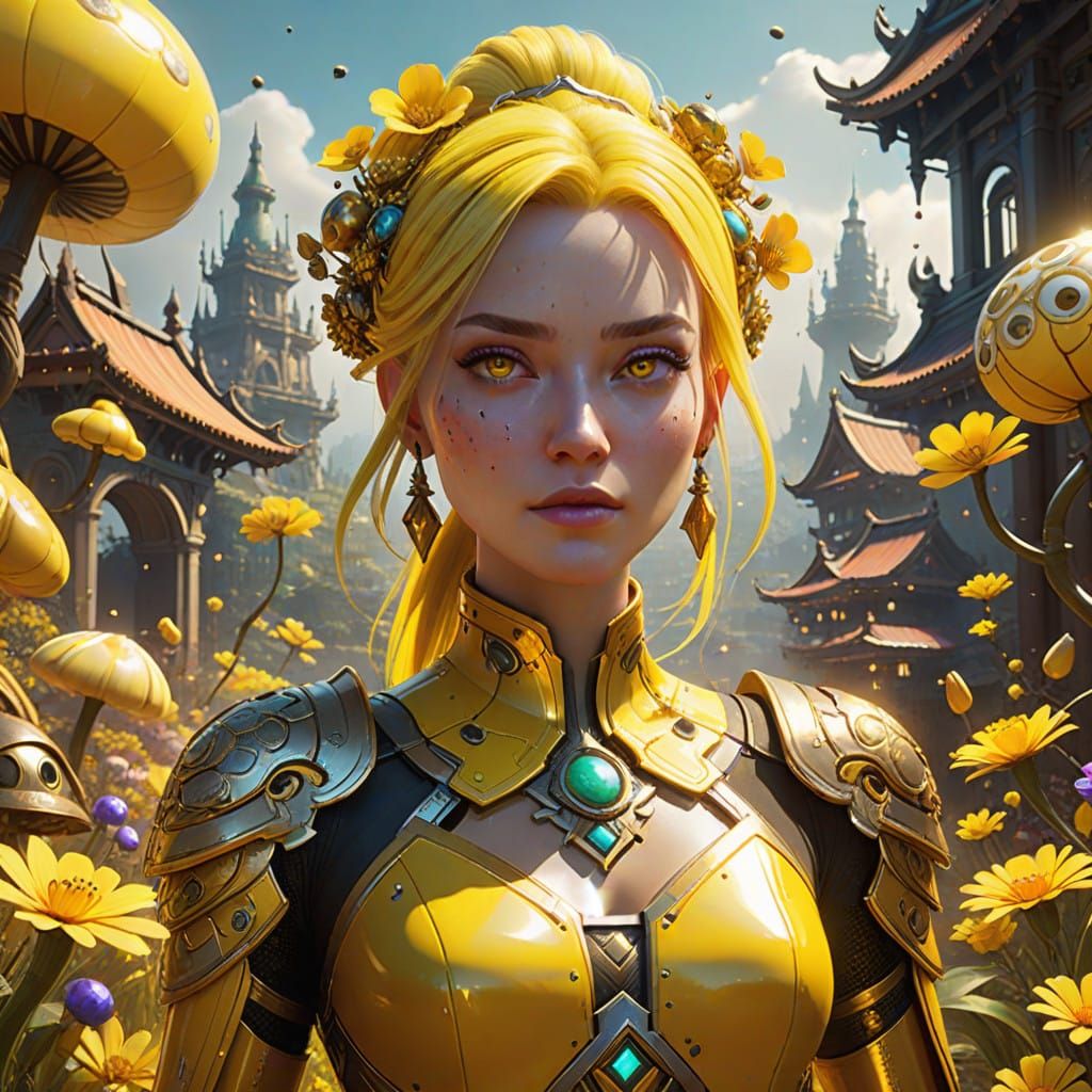 Ethereal Goddess in a Whimsical Golden Realm