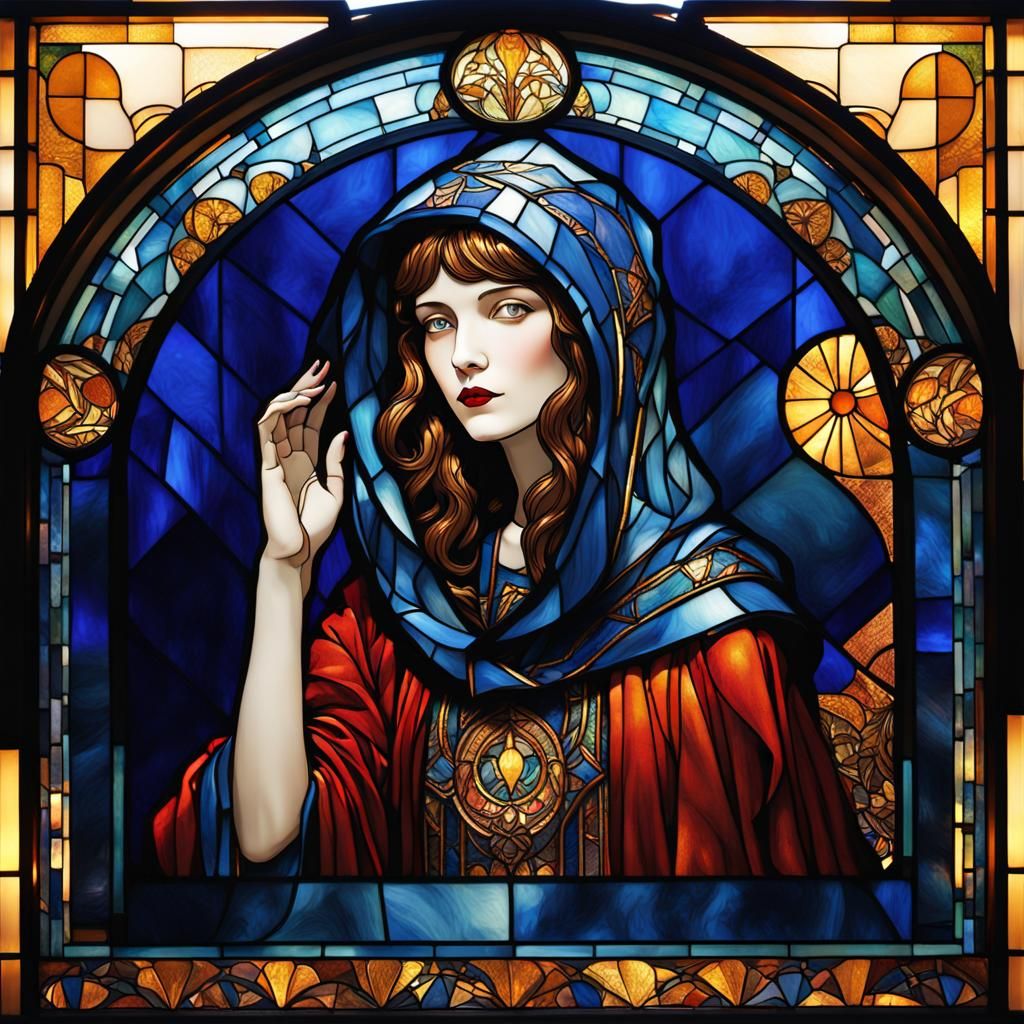Hooded Woman in Art Deco Stained Glass Frame