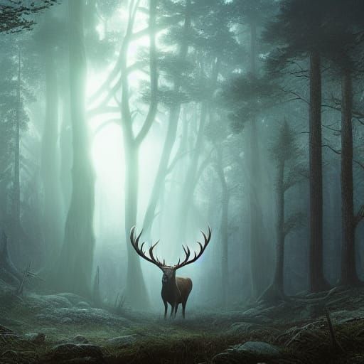 Luminous Stag in Dark Forest, Digital Art