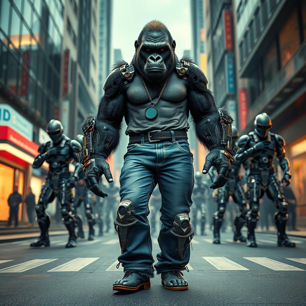 Gorilla in High-Fashion Jeans on City Street