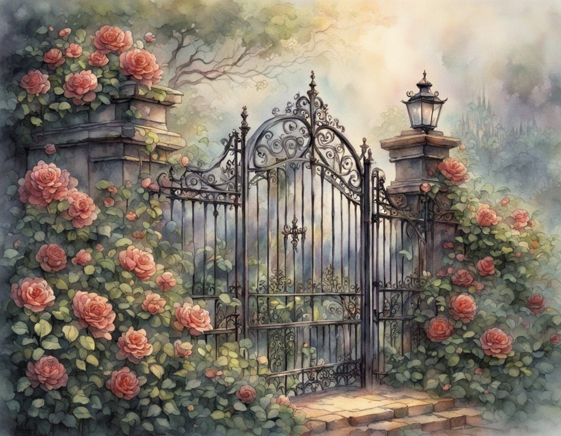 Ornate Wrought Iron Gate Covered in Roses