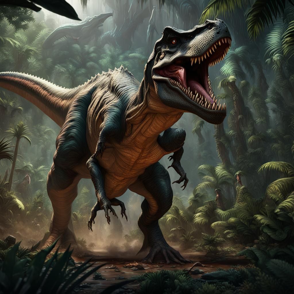 T-Rex vs Spinosaurus in Dark Fantasy Style